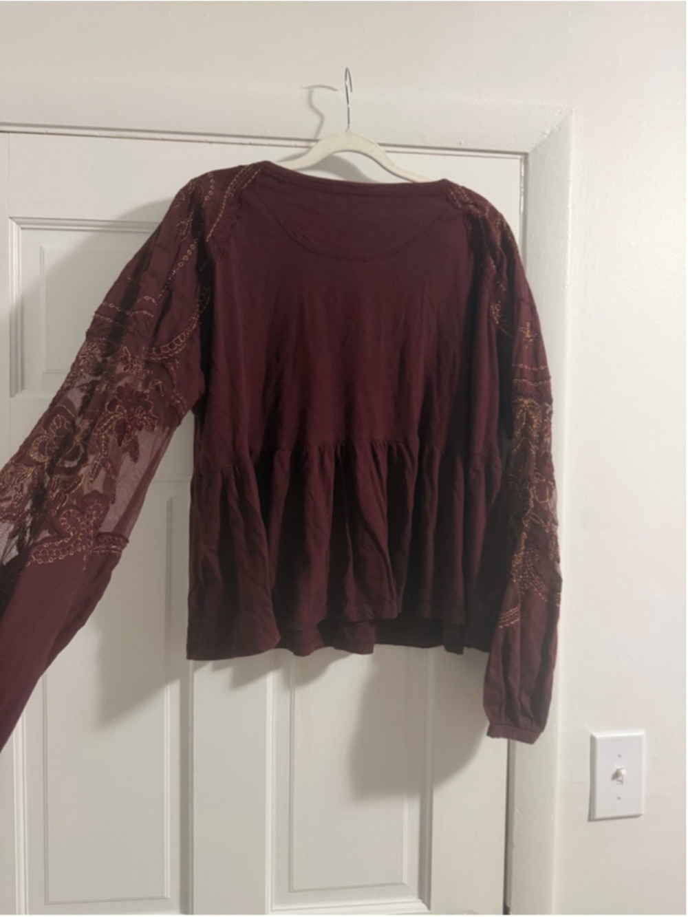 Free People Burgundy Lace Sleeve Peplum Top Size Medium Boho Romantic - Picture 5 of 5